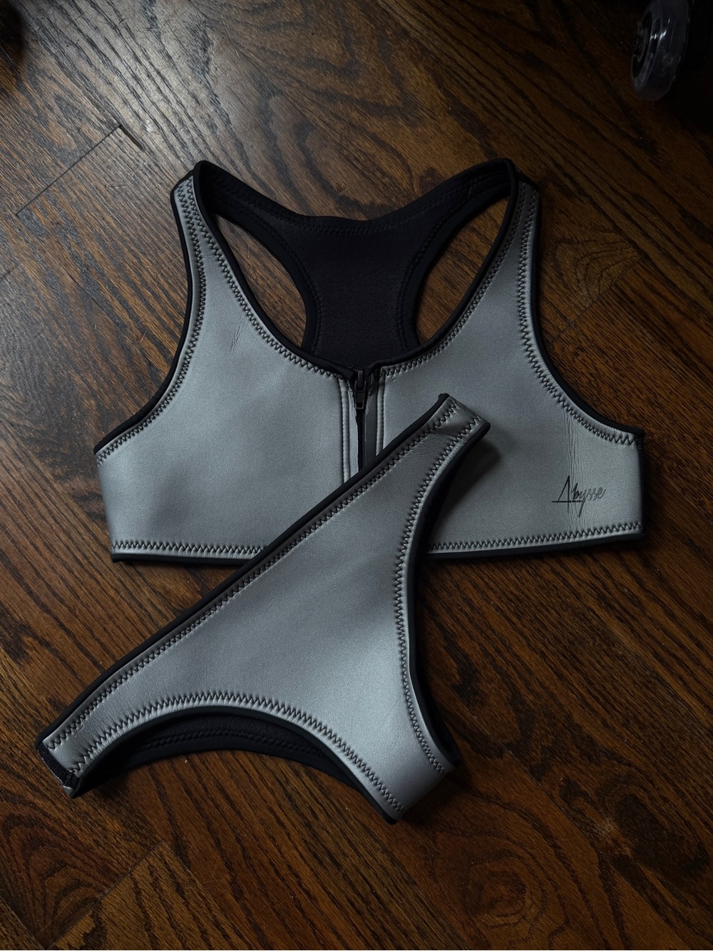 Abysse Neoprene Top & Bottom Jenna Set in Metallic Matte Silver size Large
